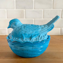 Load image into Gallery viewer, Side of view of vintage Blue slag glass dove bird-on-nest by AA Imports, Taiwan, 1980s