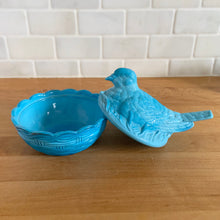 Load image into Gallery viewer, Blue slag glass dove bird-on-nest with lid removed showing interior