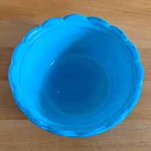 Load image into Gallery viewer, Overhead view of vintage Blue slag glass dove bird-on-nest bowl and rim. AA Imports 1980s Taiwan