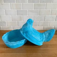 Load image into Gallery viewer, Close-up of blue and white slag glass hen-on-nest dish with the lid askew