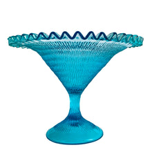 Load image into Gallery viewer, Exquisite blue glass pedestal compote featuring a textured exterior finish and crimped edge. Crafted by Zabkowice Glassworks, Poland, circa 1970s. Enhance your home decor with this stunning piece of art glass! In excellent condition, free from chips. Measures 11 x 8 inches