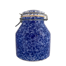 Load image into Gallery viewer, Charming vintage blue and white spongeware ceramic storage canister with bail wire closure. Designed exclusively for Pier 1 Imports and made in Italy. This canister is both functional and decorative, making it a practical addition your kitchen or laundry decor!
In excellent condition, no chips/cracks/repairs.
Measures 6 x 8 inches
