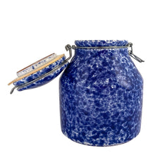 Load image into Gallery viewer, Charming vintage blue and white spongeware ceramic storage canister with bail wire closure. Designed exclusively for Pier 1 Imports and made in Italy. This canister is both functional and decorative, making it a practical addition your kitchen or laundry decor!
In excellent condition, no chips/cracks/repairs.
Measures 6 x 8 inches