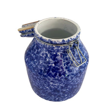 Load image into Gallery viewer, Charming vintage blue and white spongeware ceramic storage canister with bail wire closure. Designed exclusively for Pier 1 Imports and made in Italy. This canister is both functional and decorative, making it a practical addition your kitchen or laundry decor!
In excellent condition, no chips/cracks/repairs.
Measures 6 x 8 inches