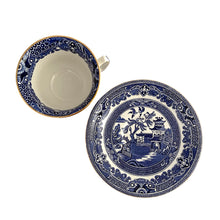 Load image into Gallery viewer, A timeless classic, this 1930s Burleighware "Willow" teacup and saucer will take you on a journey through history! Featuring a traditional Chinoiserie pattern in cobalt blue on white porcelain with gold gilt rims, this beautiful vintage piece crafted by Burleigh Pottery, England will be a cherished addition to your collection.