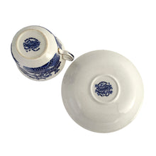 Load image into Gallery viewer, A timeless classic, this 1930s Burleighware "Willow" teacup and saucer will take you on a journey through history! Featuring a traditional Chinoiserie pattern in cobalt blue on white porcelain with gold gilt rims, this beautiful vintage piece crafted by Burleigh Pottery, England will be a cherished addition to your collection.