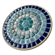 Load image into Gallery viewer, Angled view of vintage mosaic tile trivet showing tile depth and round edge