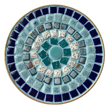 Load image into Gallery viewer, Vintage blue and teal mosaic tile round trivet, front view, 5½ inches diameter