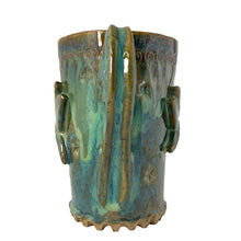 Load image into Gallery viewer, Vintage watery blue, green, ochre high fired drip glaze studio pottery mug featuring applied and debossed dragonflies with sculpted handle and scalloped base. Signed AA. This gorgeous one-of-a-kind handmade vessel is perfect for any hot beverage.
In excellent condition, no chips, cracks or repairs. Typical manufacturing glaze bubbles.
Measures 3 7/8 x 5 1/2 inches (5 7/8" incl. handle)
Capacity 16oz