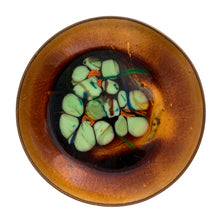 Load image into Gallery viewer, Close-up of Bovano enamel on copper dish showing green floral design