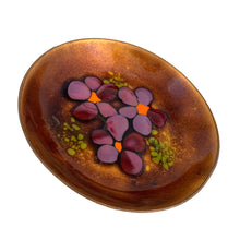 Load image into Gallery viewer, Detail of purple floral enamel work on 1960s Bovano copper dish