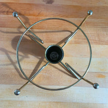 Load image into Gallery viewer, Vintage mid-century modern brass metal warming stand #468 features an atomic design with a holder for a votive candle. This stand fits a 2 quart Fire-King casserole dish., or could be used to keep a hot beverage carafe warm. In excellent used vintage condition. Measures 8 1/8 x 5 inches