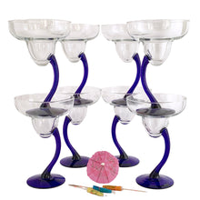 Load image into Gallery viewer, Side view of vintage Libbey Bravura margarita glasses with asymmetrical blue stems