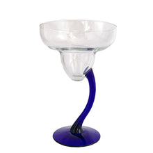 Load image into Gallery viewer, Close-up of Libbey Bravura margarita glass showing innovative offset curved cobalt blue stem