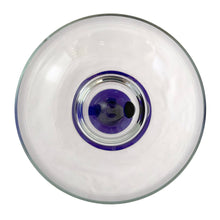 Load image into Gallery viewer, Overhead top view of vintage Libbey Bravura margarita glasses with asymmetrical blue stems