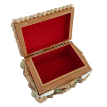 Load image into Gallery viewer, A charming mid-century artisan made trinket box handcrafted in Bremen, Germany, where maritime heritage runs deep despite the city's inland location. This piece exemplifies the golden age of shell art—a beloved souvenir tradition that flourished aboard luxury ocean liners like the SS Bremen and in European coastal gift shops. The wooden base is adorned with genuine shells, creating an authentic tactile surface that captures the romance of vintage travel.