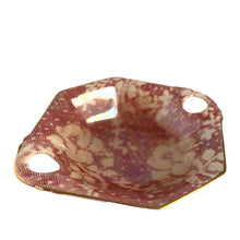 Load image into Gallery viewer, Beautiful vintage mid-century "Brocade Cranberry" iridescent bone china lidded condiment jar featuring a rosebud finial, rimmed in gold gilt. Crafted by Royal Winton Grimwades, England, between 1934 - 1950. A stunning example of Chintz and cottage style! In used vintage condition with staining, free from chips/cracks/repairs. Creamer measures 5 7/8 x 4 5/8 x 1 inches