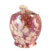 Load image into Gallery viewer, Beautiful vintage mid-century "Brocade Cranberry" iridescent bone china lidded condiment jar featuring a rosebud finial, rimmed in gold gilt. Crafted by Royal Winton Grimwades, England, between 1934 - 1950. A stunning example of Chintz and cottage style! In used vintage condition, minor chips, no cracks/repairs. Creamer measures 2 1/2 x 3 1/2 inches