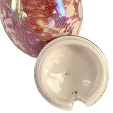 Load image into Gallery viewer, Beautiful vintage mid-century "Brocade Cranberry" iridescent bone china lidded condiment jar featuring a rosebud finial, rimmed in gold gilt. Crafted by Royal Winton Grimwades, England, between 1934 - 1950. A stunning example of Chintz and cottage style! In used vintage condition, minor chips, no cracks/repairs. Creamer measures 2 1/2 x 3 1/2 inches