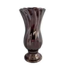 Load image into Gallery viewer, Vintage smooth swirled footed flower vase with scalloped rim, featuring a high lustre metallic deep bronze glaze that creates fluid movement and visual depth across its swirled surface. Crafted by Haeger Pottery, USA, 1990s. This vase offers a graceful silhouette perfect for Mid-Century Modern, transitional, or eclectic interiors. Its warm, earthy tones and sculptural texture make it a standout accent for mantels, shelves, or side tables. Ideal for collectors of American art pottery.