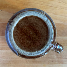 Load image into Gallery viewer, glossy caramel brown stoneware pitcher castle turret diamonds Monmouth Western Stoneware 1920s utilitarian art pottery kitchen tableware