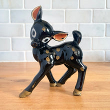 Load image into Gallery viewer, Vintage mid century kitsch brown deer fawn redware ceramic figurine, its head sweetly tilted, large pink ears and gold spots. Crafted by TILSO, Japan, 1950s. An adorable addition to your Christmas decor or deer collection! In excellent condition, no chips. Marked "JAPAN". Measures 3 1/2 x 1 7/8 x 4 3/4 inches