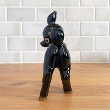 Load image into Gallery viewer, Vintage mid century kitsch brown deer fawn redware ceramic figurine, its head sweetly tilted, large pink ears and gold spots. Crafted by TILSO, Japan, 1950s. An adorable addition to your Christmas decor or deer collection! In excellent condition, no chips. Marked "JAPAN". Measures 3 1/2 x 1 7/8 x 4 3/4 inches