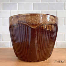 Load image into Gallery viewer, Vintage Art Deco Brown Drip Glaze Flower Stoneware Pottery Jardiniere Planters No. 1420, Robinson Ransbottom, USA