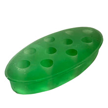Load image into Gallery viewer, Vintage 1920s Cambridge Glass green uranium flower frog with satin finish, 10-hole oval design, 5½ inches