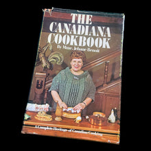 Load image into Gallery viewer, Vintage The Canadiana Cookbook, hardcover cookbook "a complete heritage of Canadian cooking" with recipes organized by province. Written by Mme. Jehane Benoit, renowned Canadian culinary author, speaker, commentator, journalist and broadcaster during the 50s/60s/70s. Its 203 pages of regional recipes and line illustrations. Published by Pagurian Press, Canada, 1970, first edition. The bound book is in excellent condition showing normal age-related page yellowing and the jacket cover has wear and is torn.