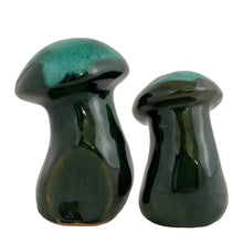 Load image into Gallery viewer, Side profile of Canuck Pottery Evangeline green drip glaze salt and pepper shaker set showing mushroom form and glaze drip detail on stems