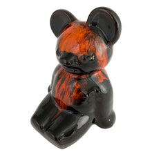 Load image into Gallery viewer, Vintage 1960s Canuck Pottery teddy bear coin bank with red and orange drip glaze on chocolate brown redware