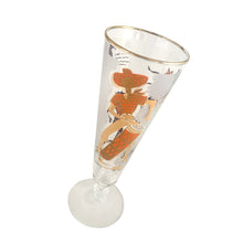 Load image into Gallery viewer, Three-quarter view of vintage Libbey Caribbean Cruise pilsner glass, orange tropical motif with 22kt gold enamel