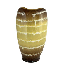 Load image into Gallery viewer, Back view showing detail of hand-applied drip glaze with chocolate brown, golden yellow, and cream layers