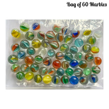 Load image into Gallery viewer, Iconic vintage Cat's Eye machine made marbles in a myriad of colours. One of the children's games of strategy and precision from the 1960s and 1970s. Purchased from the original owner. These take us back to a simpler time! These small colourful glass orbs make a wonderful display in glass jars, fish tanks and vases. In good condition and cleaned with organic soap and water. Each bag of marbles contains an assortment of colours in 9/16 inch / 14mm and 5/8 inch / 16mm