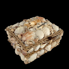 Load image into Gallery viewer, Overall view of mid-century Caribbean shell art collectible trinket box perfect for coastal and tropical decor
