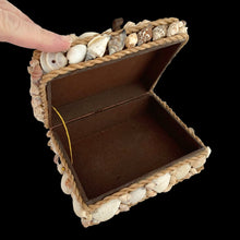 Load image into Gallery viewer, Interior view of vintage shell trinket box showing wooden base and storage compartment for jewelry and keepsakes