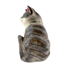 Load image into Gallery viewer, Side view of vintage grey tabby cat figurine with high-gloss glaze and tabby stripes