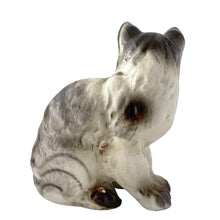 Load image into Gallery viewer, Back view of vintage Japanese ceramic cat figurine with slate grey and white airbrushed coloring