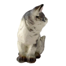Load image into Gallery viewer, Vintage ceramic cat figurine showing pink-lined ears and hand-painted nose, mid-century kitsch decor