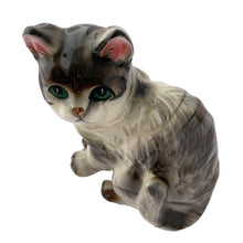Load image into Gallery viewer, Close-up of vintage ceramic cat figurine showing hand-painted green eyes and airbrushed grey fur details