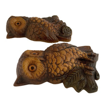 Load image into Gallery viewer, Close-up of side of vintage chalkware owl wall plaque showing painted detail and expressive face, Favor Industries Canada