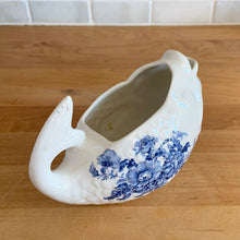 Load image into Gallery viewer, Vintage Charlotte figural fish ironstone creamer featuring blue transferware florals. Crafted by Royal Crownford, England, 1940s. Add a touch of cottage charming to your tableware with this adorable creamer.
In excellent condition, no chips/cracks/repairs. Marked Charlotte Royal Crownford Ironstone England.
Measures 5 1/4 x 3 x 3 3/4 inches