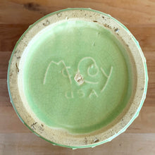 Load image into Gallery viewer, Jacks Daughter of All Trades Vintage Antique Mid-Century Kitsch Store Shop Reseller Etsy Shopify Toronto Canada Free Porch Pick Up Local Delivery Worldwide Shipping Judy Weinberg Unique Housewarming Gift Sustainable Gift Wedding Gift Home Decor Collectible Collector Gift Farmhouse Cottagecore Cottage Lodge Shabby Chic Industrial Hollywood Regency Art Deco Art Nouveau chartreuse green planter pot with embossed flower motif zig zag borders McCoy Pottery 1954 rare art pottery container garden decor