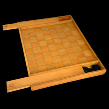 Load image into Gallery viewer, Vintage handmade, wooden chess and checkers game board with a storage drawer at each end with sliding lids, with plenty of room to hold the game pieces. Nicely made with various wood species and includes plastic checkers.
In excellent vintage condition, drawers slide easily.
Measures 16 3/4 x 13 x 1 3/8 inches