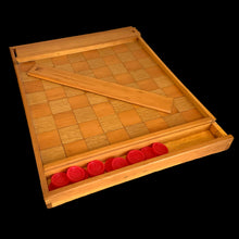 Load image into Gallery viewer, Vintage handmade, wooden chess and checkers game board with a storage drawer at each end with sliding lids, with plenty of room to hold the game pieces. Nicely made with various wood species and includes plastic checkers.
In excellent vintage condition, drawers slide easily.
Measures 16 3/4 x 13 x 1 3/8 inches