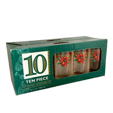 Load image into Gallery viewer, Vintage 10-piece Christmas glass tumbler set decorated with red poinsettias and bows in green, red and gold. Crafted by Libbey Canada, 1980s. Perfect to add the holiday spirit to your table!
In excellent condition, new in box.
Measures 2 1/8 x 9 1/4 inches
Capacity 13 1/2 ounces