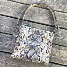 Load image into Gallery viewer, Jacks Daughter of All Trades Vintage Bohemian Boho Gothic Store Shop Reseller Etsy Shopify Toronto Canada Free Porch Pick Up Local Delivery Worldwide Shipping Judy Weinberg Unique Womens Fashion Clothing Gift Ciana taupe faux python cross-body bag adjustable strap silver tone hardware Danier Leather accessory