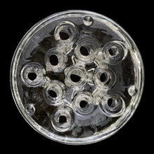 Load image into Gallery viewer, Base detail of L.E. Smith clear glass flower frog showing three feet, vintage American glass, Toronto