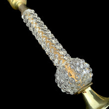 Load image into Gallery viewer, Close-up of clear hobnail glass column and polished brass hardware on vintage 1950s Italian table lamp